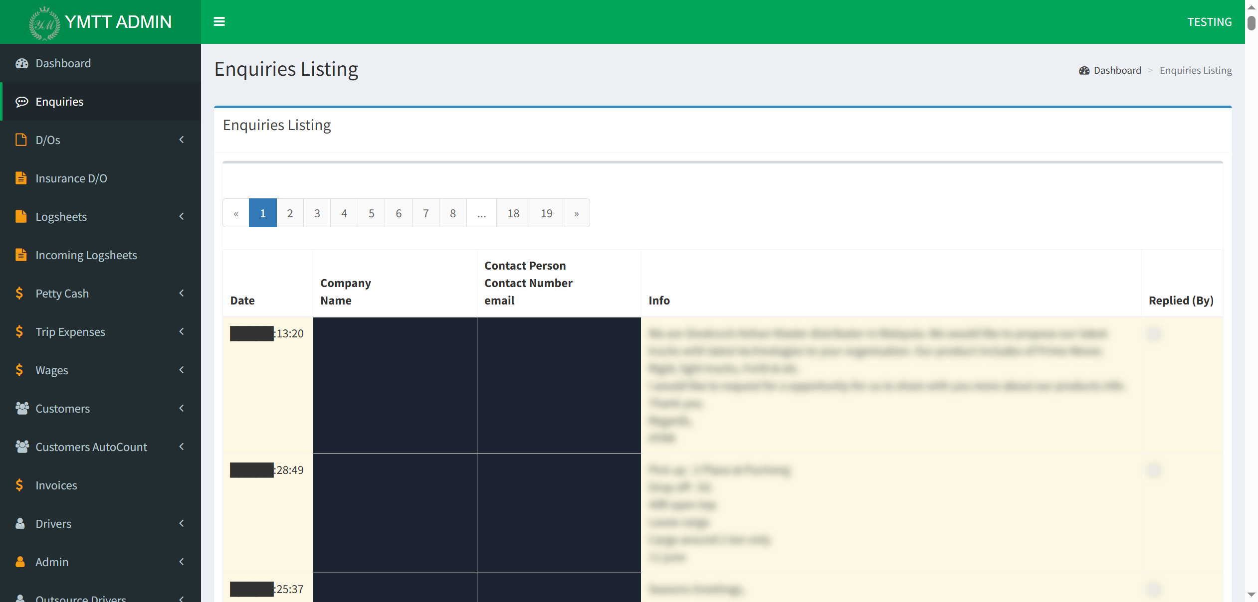 Enquiries listing: 19 pages, identity columns blacked out, free-text Info column blurred, manual Replied checkbox