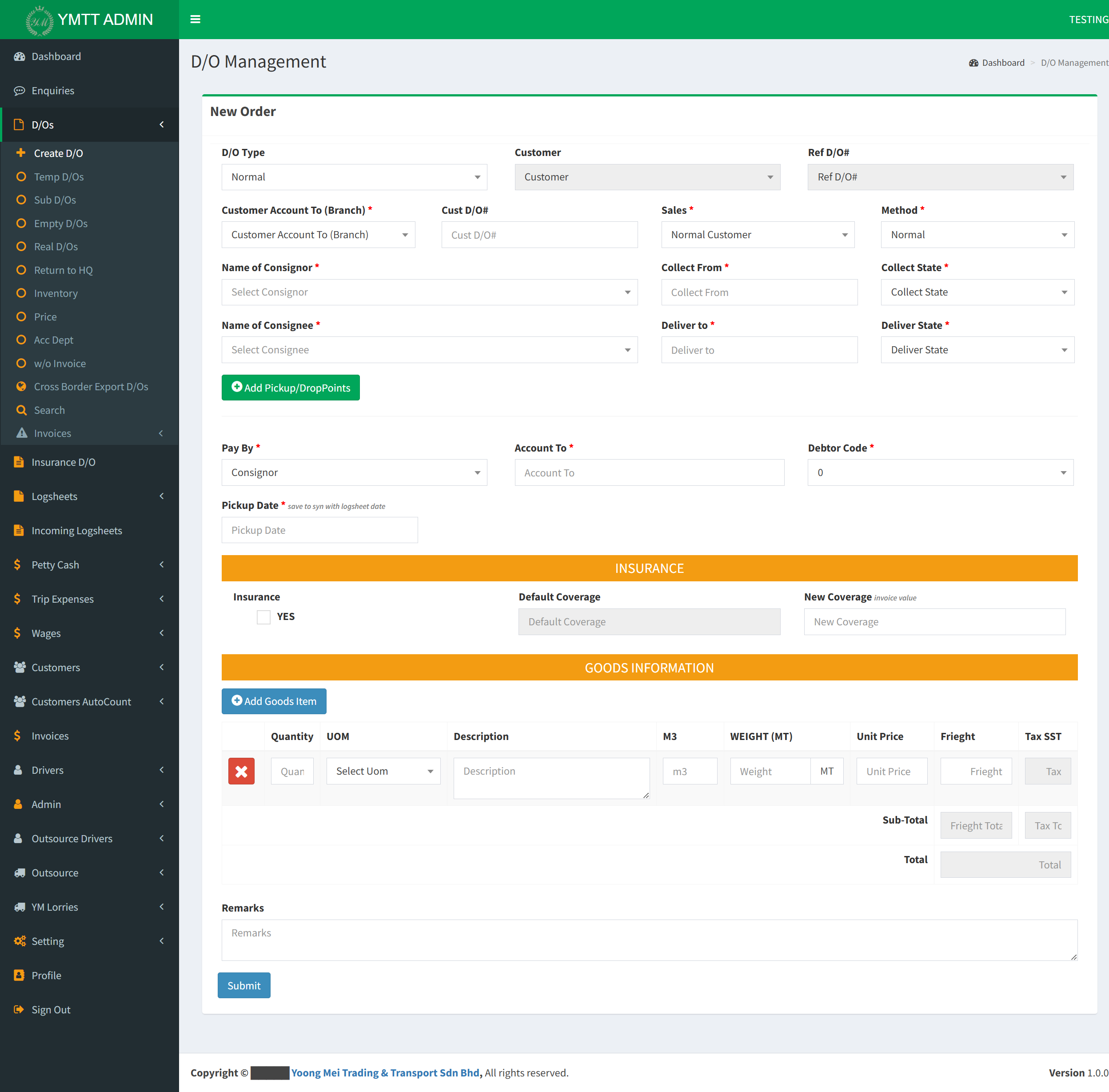Create Delivery Order form showing all structured fields, blank, no customer data