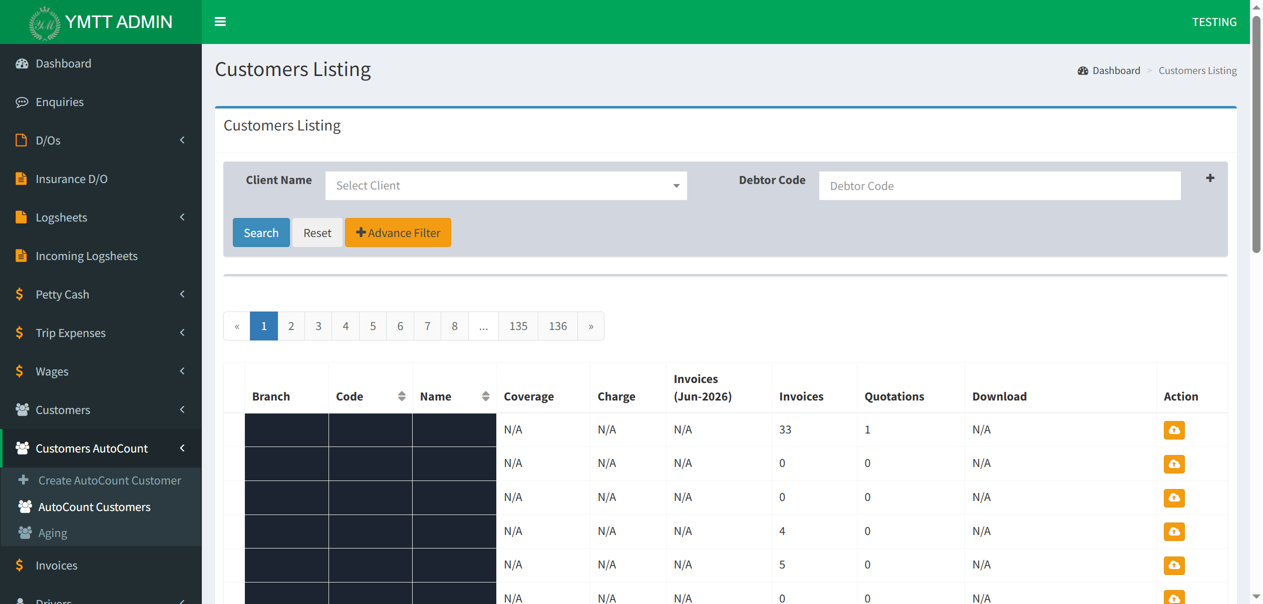 Customers AutoCount listing: 136 pages, branch/code/name blacked out, invoice and quotation counts visible